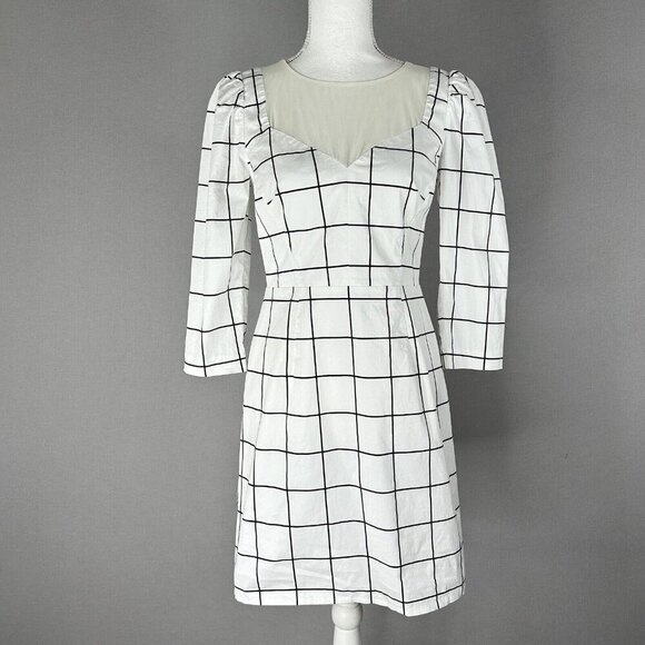 Milly Womens Dress 6 White Windowpane Check Mesh V-Neck Shift Cocktail Retro - Picture 1 of 13